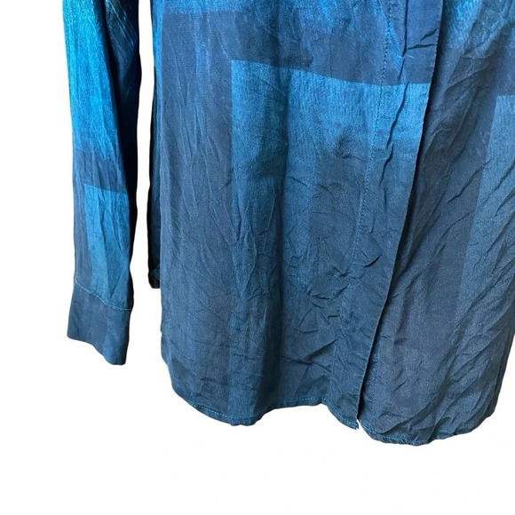 Ecru Silk Blouse Navy Cream Turquoise V-Neck Hidden Button Work Top M - Picture 4 of 13